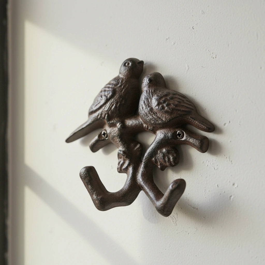 Rustic cast iron birds wall hook with detailed feather finish and curved legs for organizing