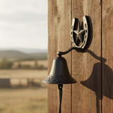 Horseshoe star farmhouse doorbell chime with cast iron bell, rustic outdoor setting