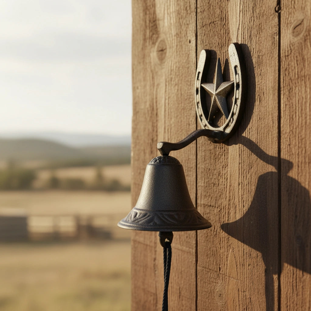 Horseshoe star farmhouse doorbell chime with cast iron bell, rustic outdoor setting