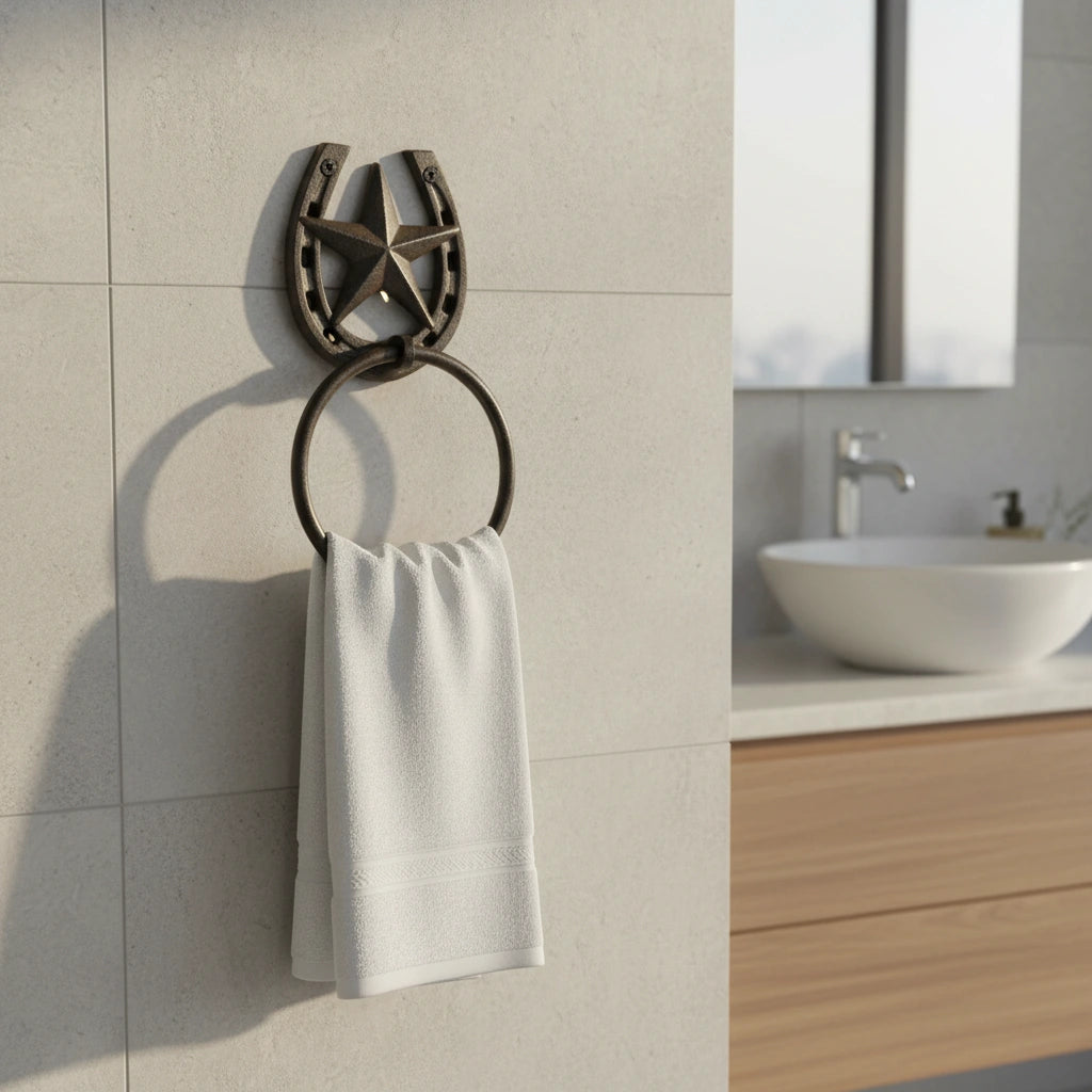 Western cast iron star horseshoe towel ring with brown finish, mounted in bathroom
