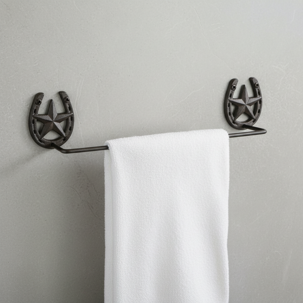Cast iron horseshoe towel rack with star center and rod western farmhouse decor