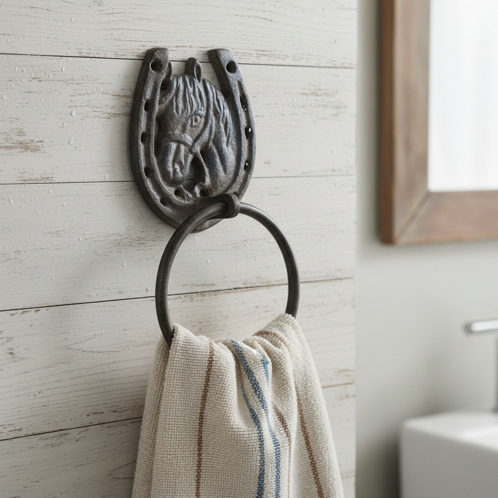 Cast iron horse head towel ring, black finish, mounted on white shiplap wall with linen towel