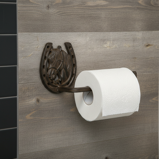 Cast Iron Horse Head and Horseshoe Tissue Holder - Rustic Western Bathroom Decor