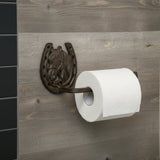Cast iron horse head tissue holder with horseshoe design, weathered brown patina, western decor