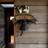 Rustic Cast Iron Cow Welcome Bell Sign, Farmhouse Door Decor
