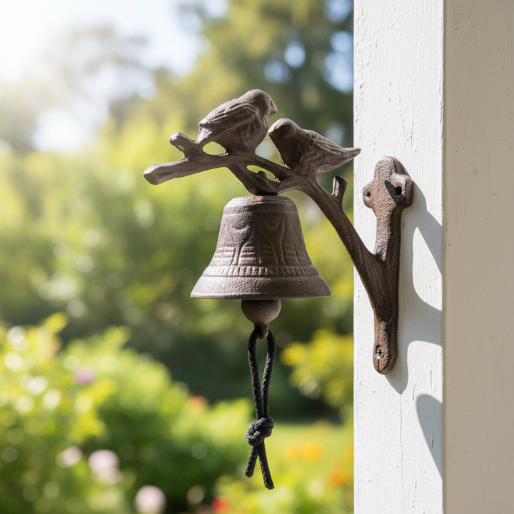 Rustic cast iron bird door chime with two birds on branch, antique bronze finish garden doorbell