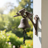 Rustic cast iron bird door chime with two birds on branch, antique bronze finish garden doorbell