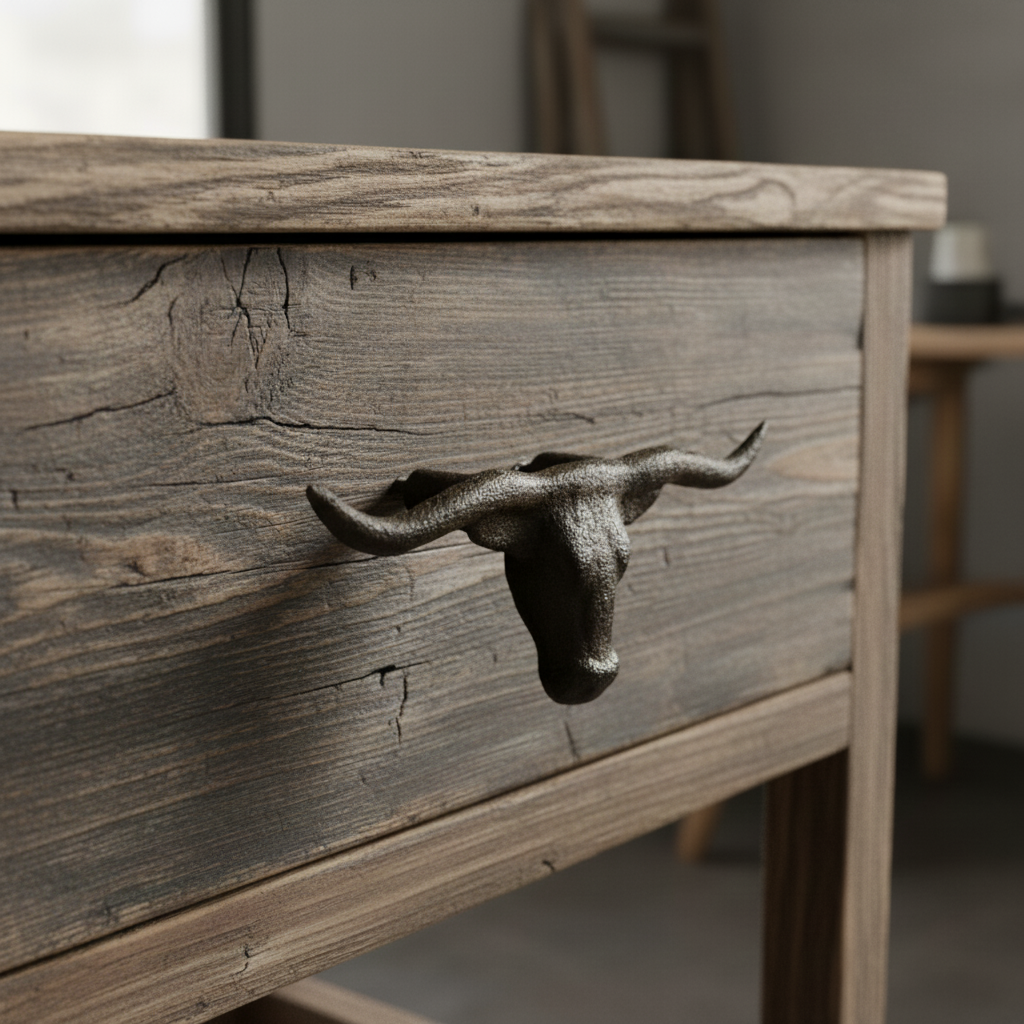 Cast iron longhorn skull drawer pull with black knobs on rustic wood drawer