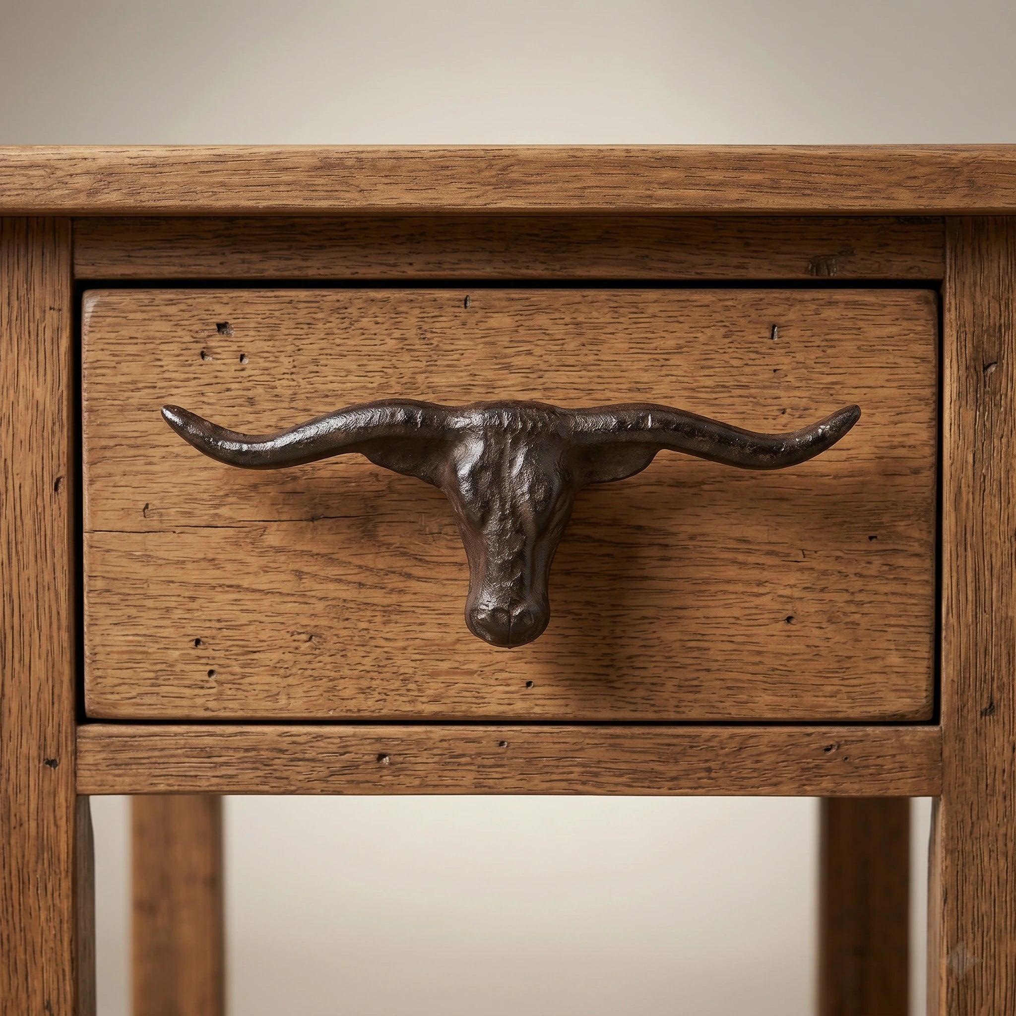 Cast iron longhorn drawer pull centered on a rustic wood drawer front