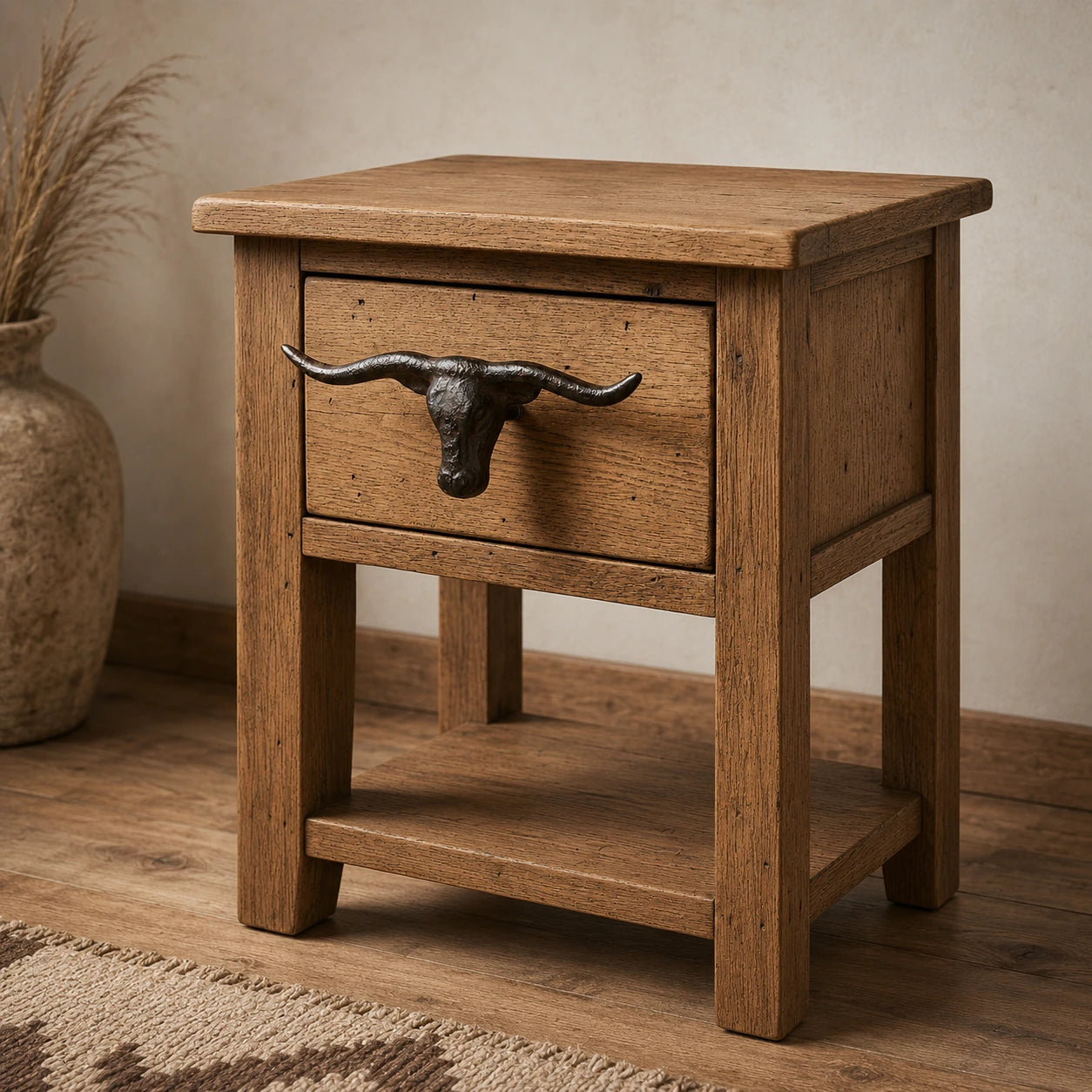 Wood nightstand with cast iron longhorn drawer pull in a rustic room setting