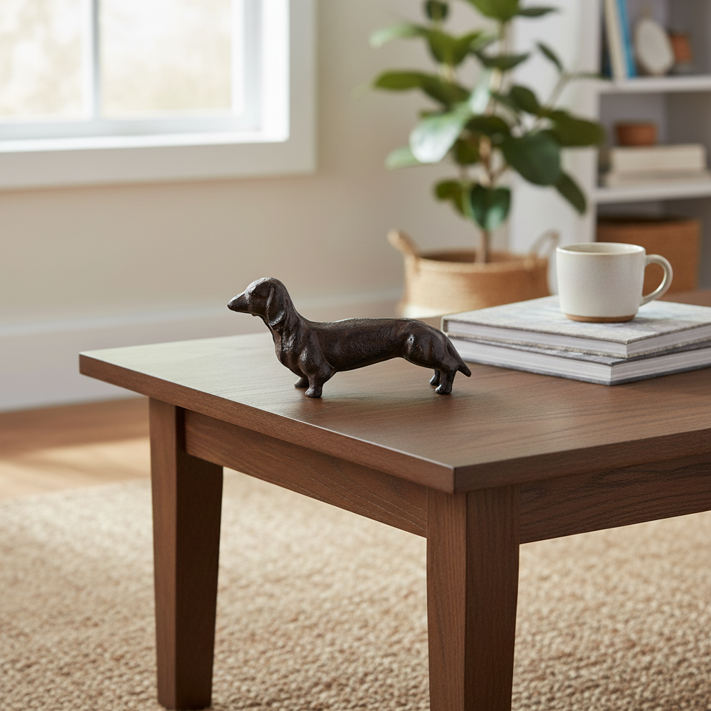 Cast iron dachshund figurine with rustic dark finish on wooden table with plants