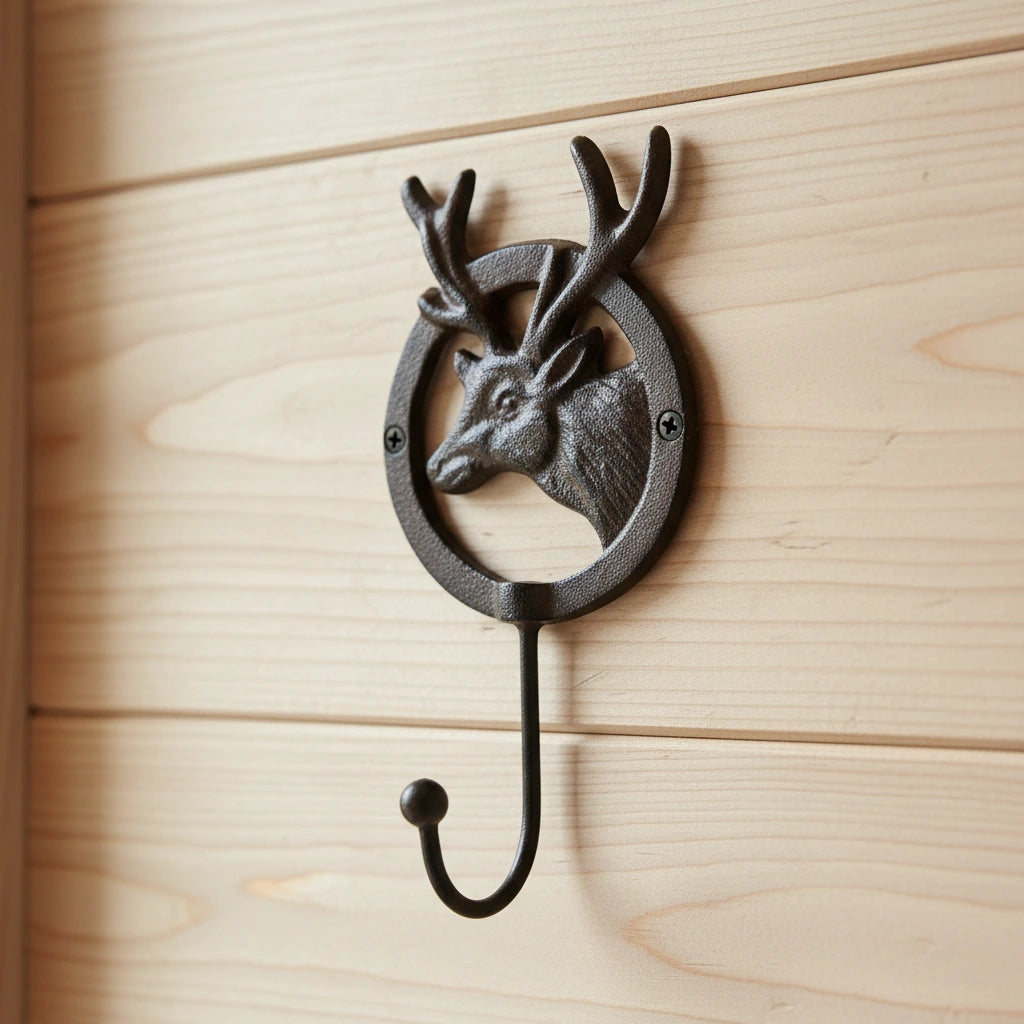 Cast iron deer head wall hook with antlers mounted on wood, rustic woodland home decor