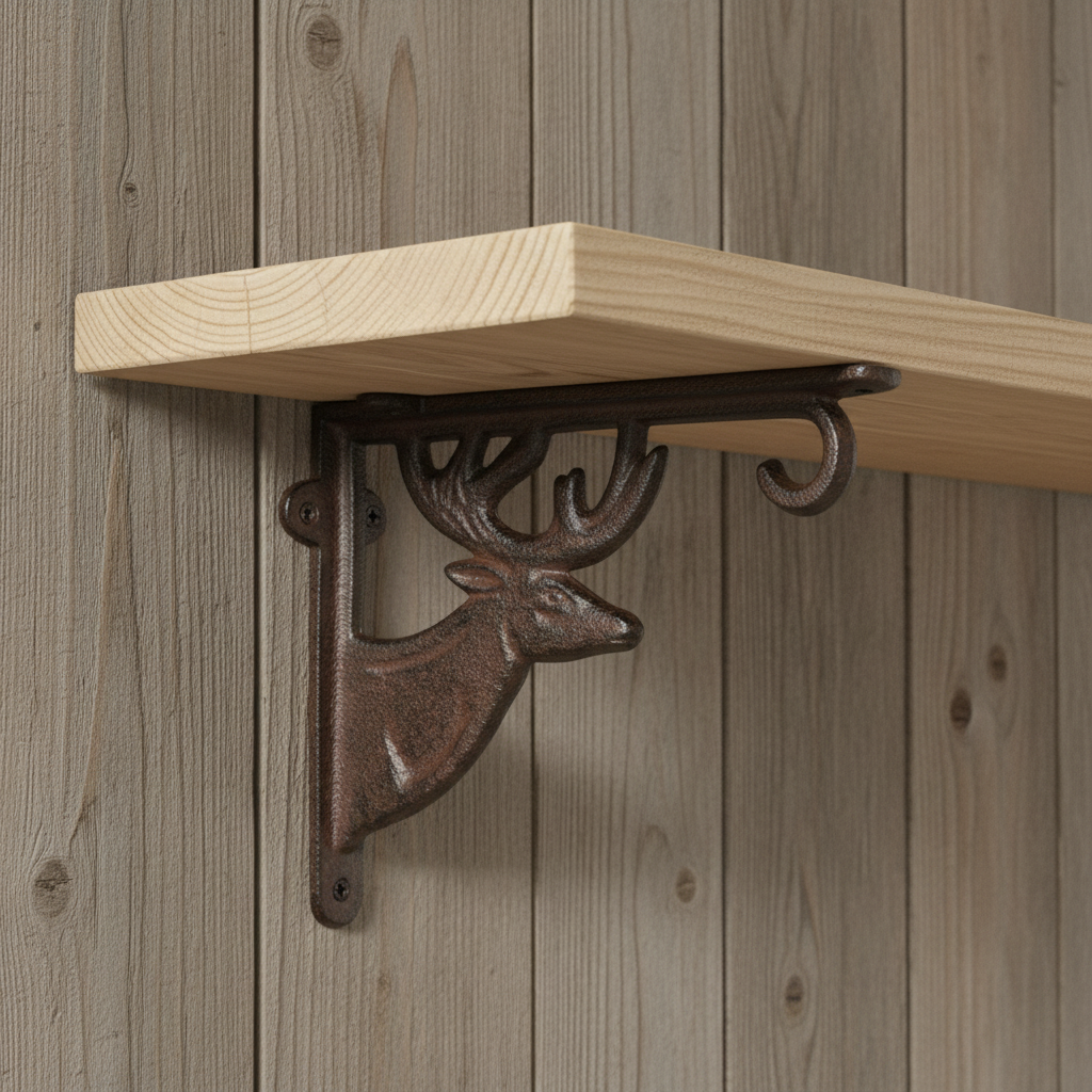 Rustic cast iron deer bracket with ornate scrollwork, antique brown finish, supporting wooden shelf