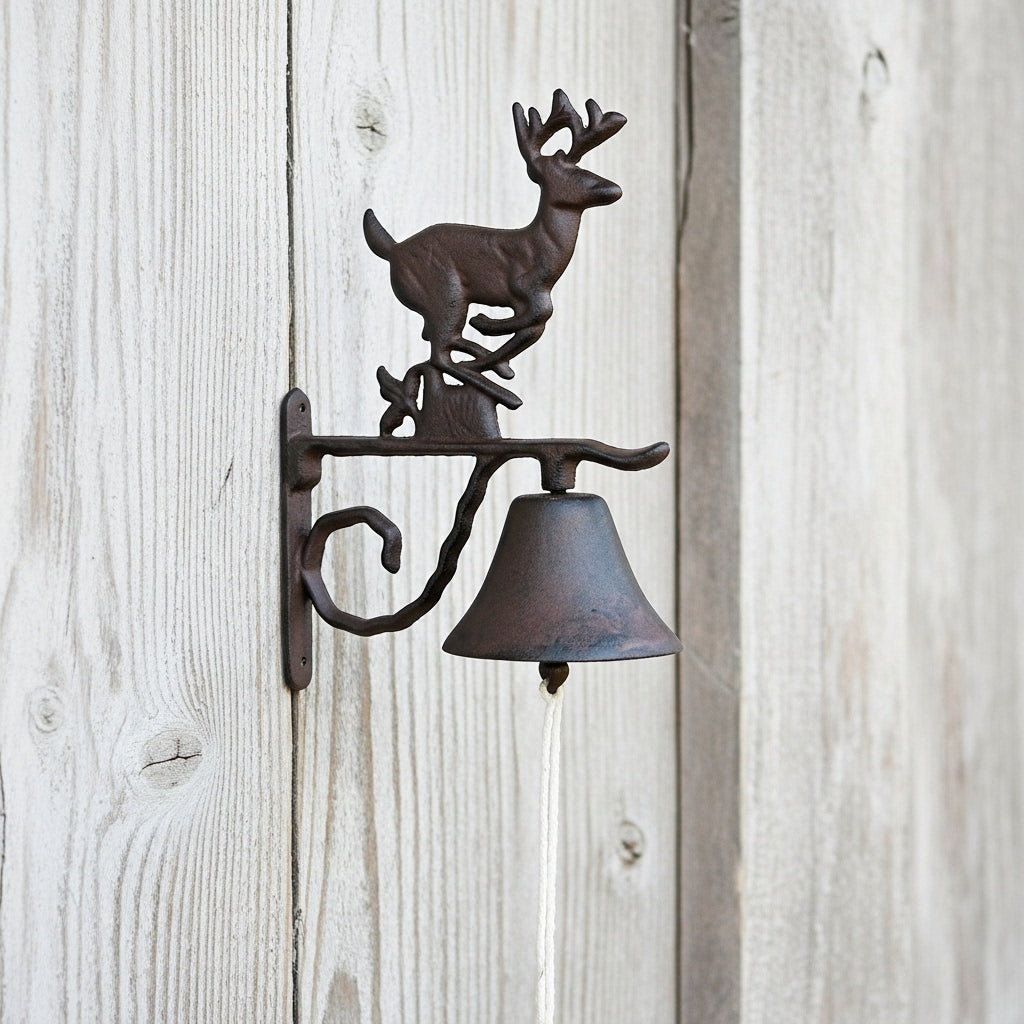 Cast iron deer head door bell mounted on weathered wood with decorative mounting bracket and hanging bell below