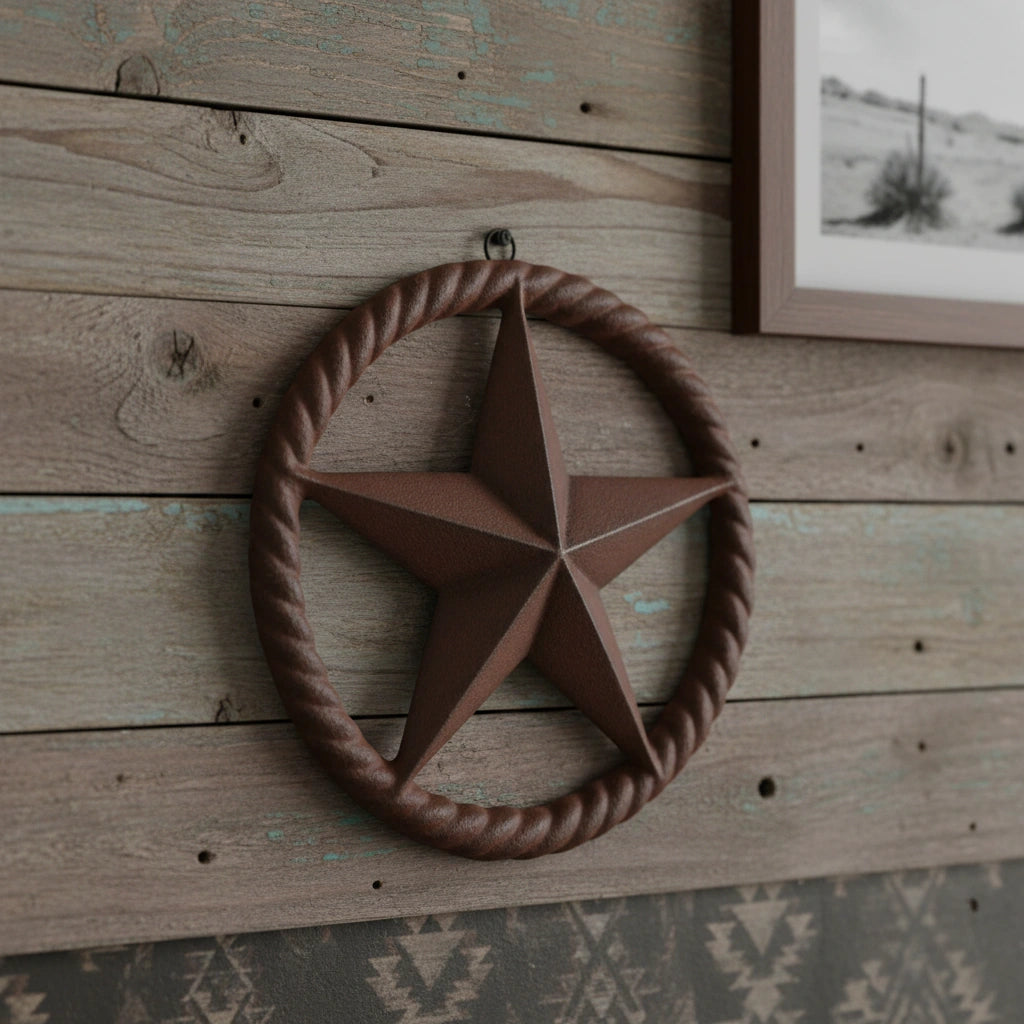 Rustic dark brown cast iron Texas star with twisted rope ring border, vintage western decor