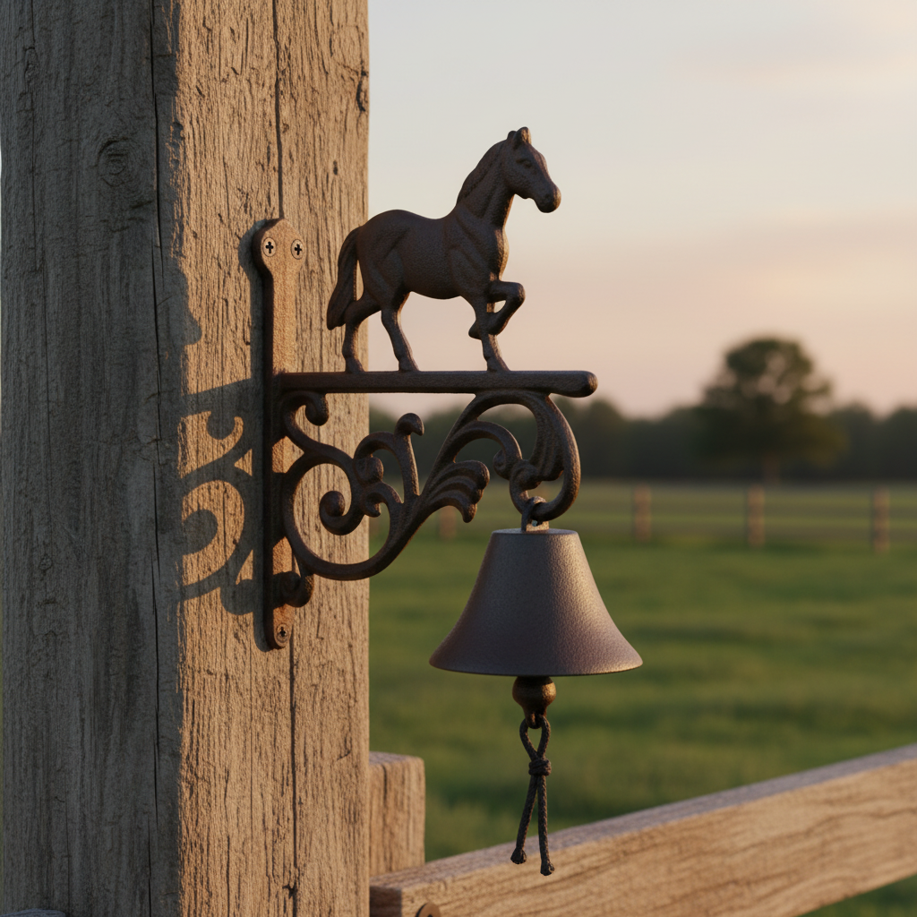Black cast iron horse bell with ornamental scrollwork bracket, rustic door chime