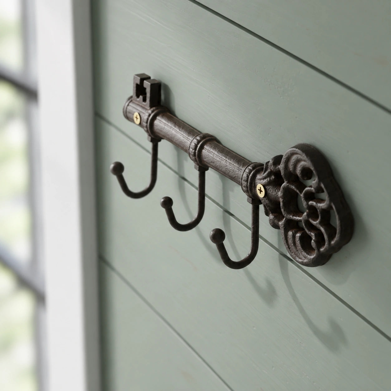 Key Hook Rack, Antique Cast Iron, 3 Hooks for Keys, Coats or Hats, 9.1" 58158 shot 4