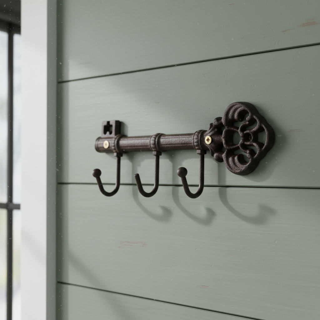 Decorative cast iron key organizer mounted on shiplap wall, dark metal finish