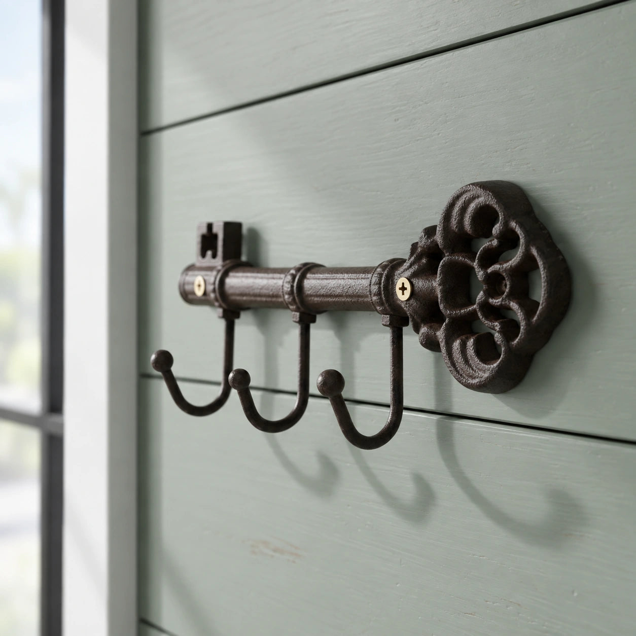 Key Hook Rack, Antique Cast Iron, 3 Hooks for Keys, Coats or Hats, 9.1" 58158 shot 1