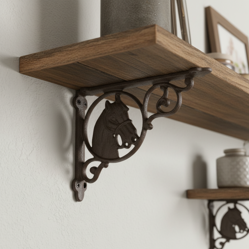 Dark cast iron horse head shelf bracket with scrolled ornamental support and mounting holes