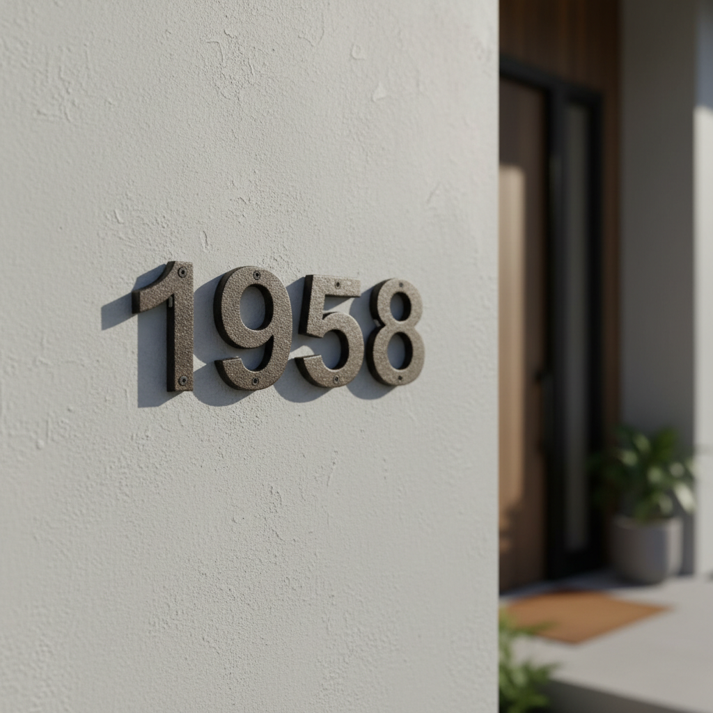 Cast iron address numbers 1958 installed on exterior wall with deep shadow and warm door lighting