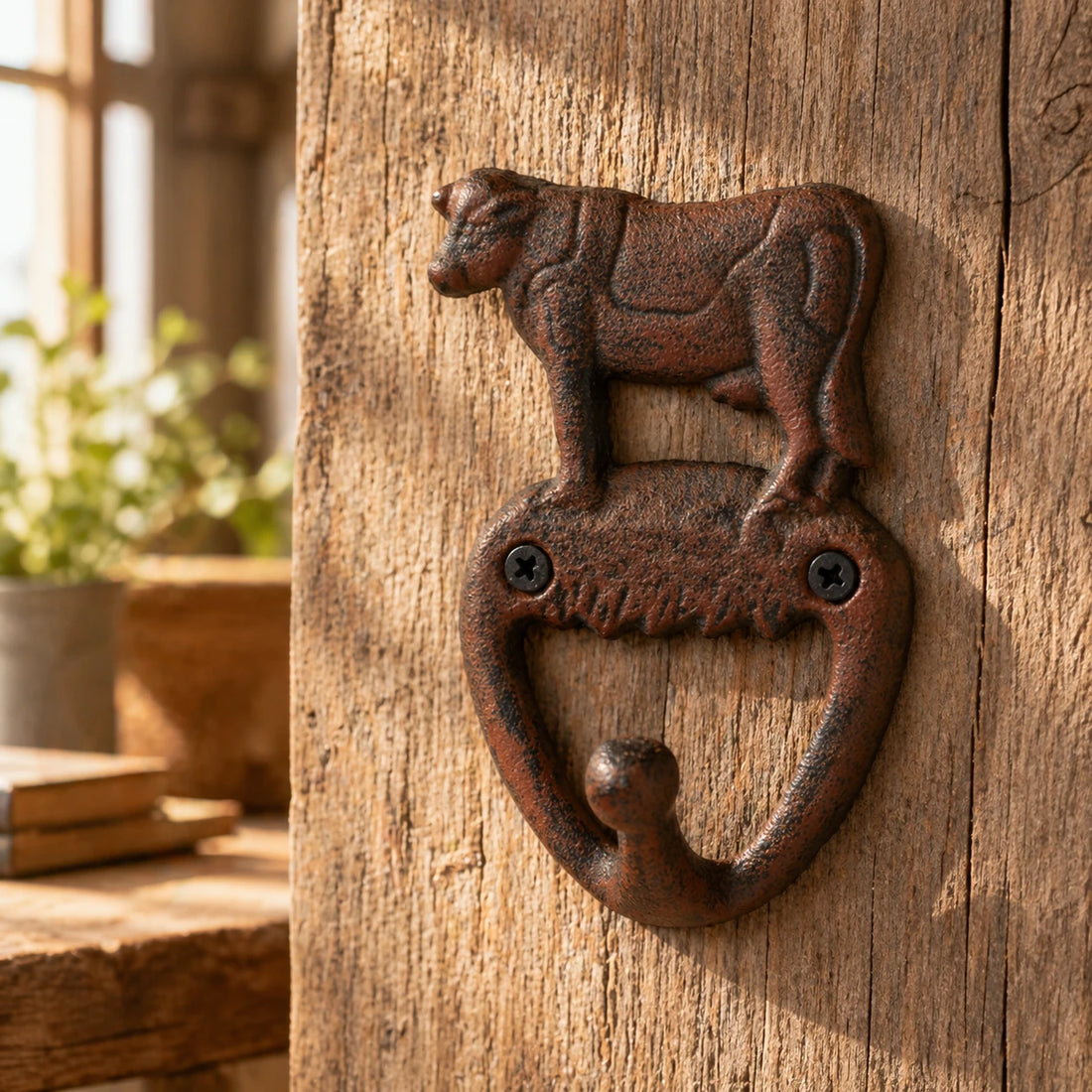 Cast iron cow wall hook mounted on a rustic wood post.