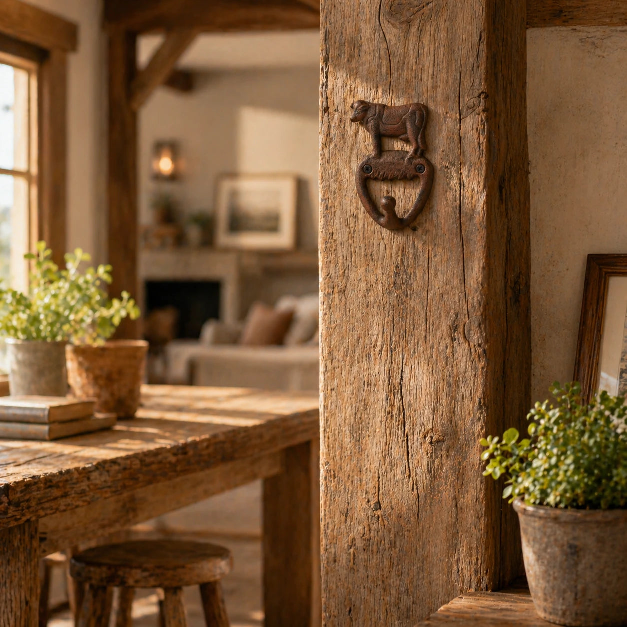 Cow cast iron wall hook hanging on a rustic beam.