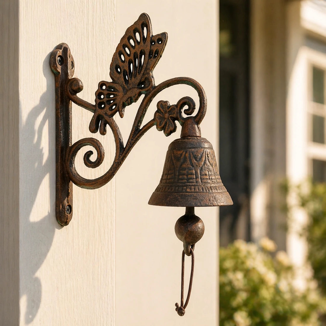 Cast iron butterfly doorbell with hanging bell mounted on siding.