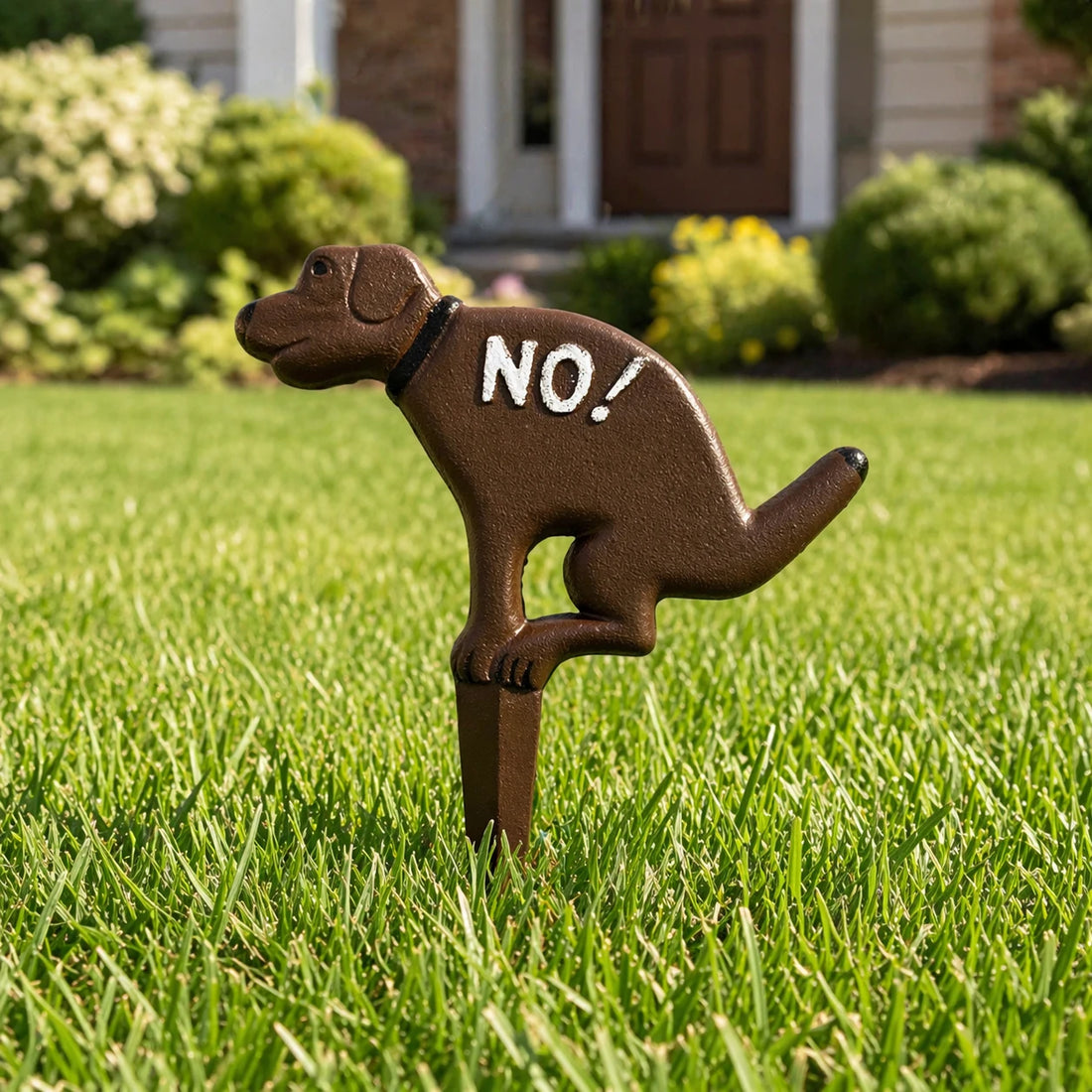 Cast iron No Pooping dog yard sign in grass with stake.