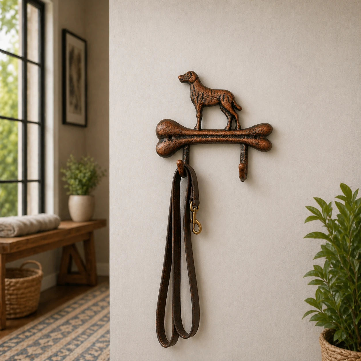 Cast iron dog bone wall hook displayed on a light wall.
