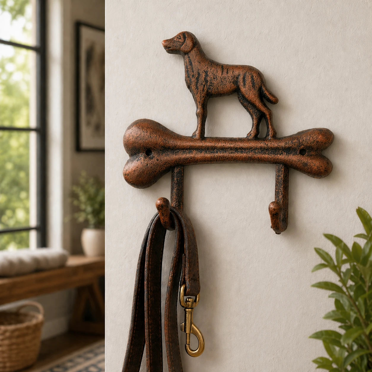 Cast iron dog bone wall hook with a hanging leash.
