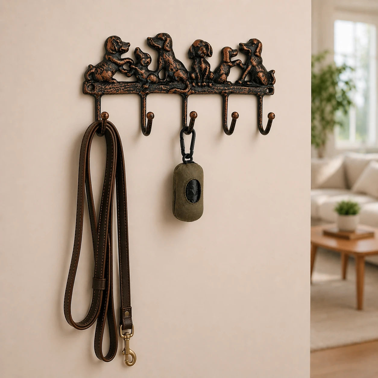 Cast iron dog family hook rack mounted on a wall with leashes.