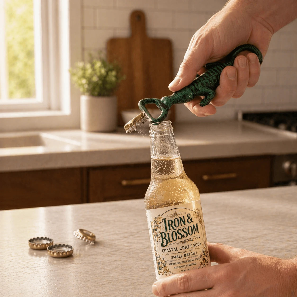 Hand holding green cast iron alligator bottle opener over a bottle.