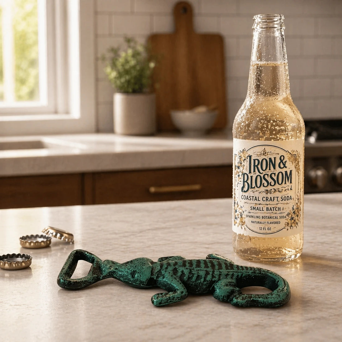 Green patina cast iron alligator bottle opener beside a soda bottle.