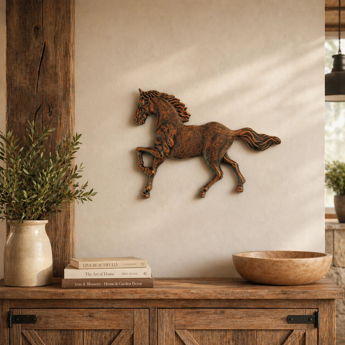 Cast iron running horse wall plaque mounted on a beige wall.