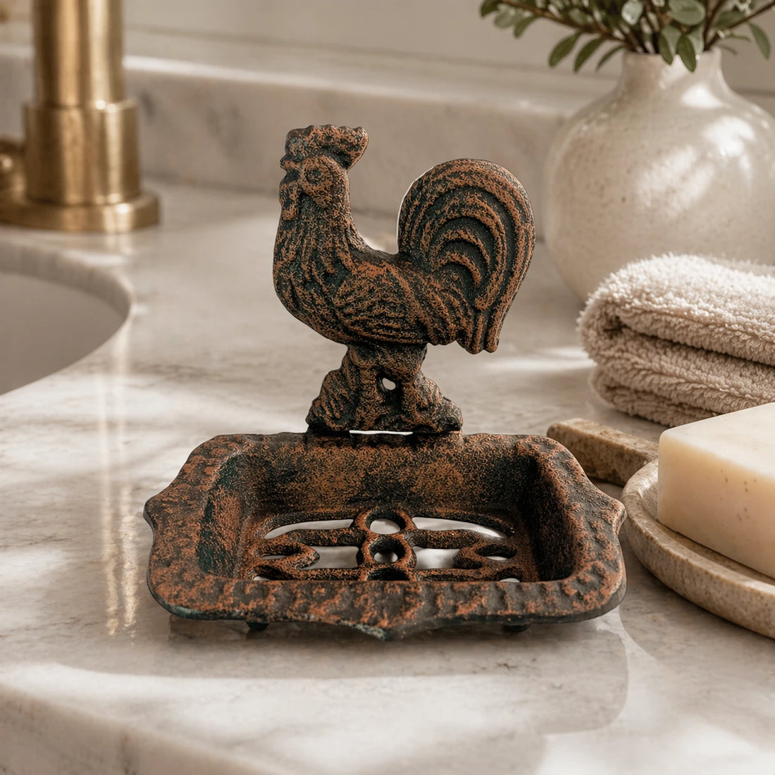 Cast iron rooster soap dish sitting on a marble bathroom counter.