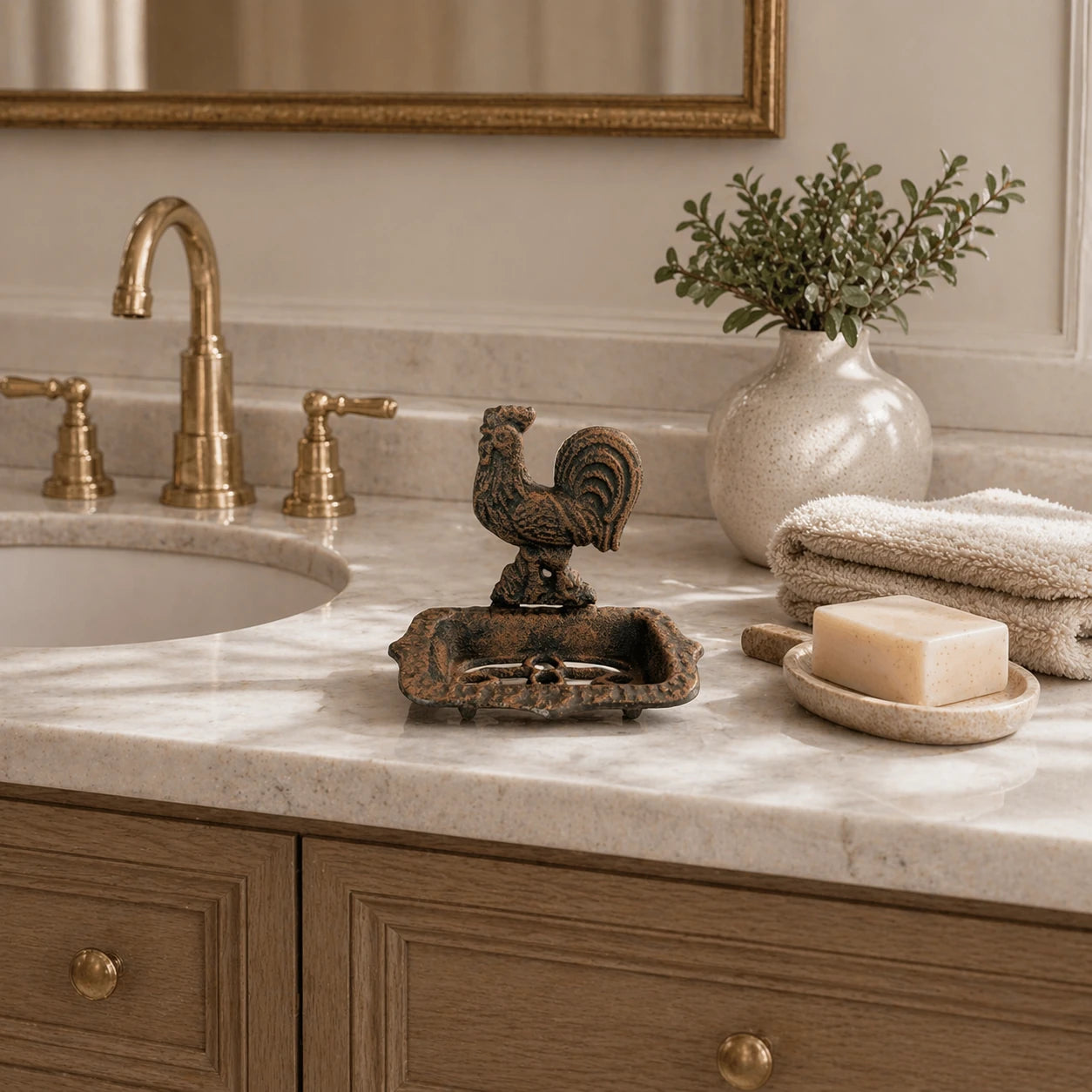 Cast iron rooster soap dish displayed on a bathroom vanity.