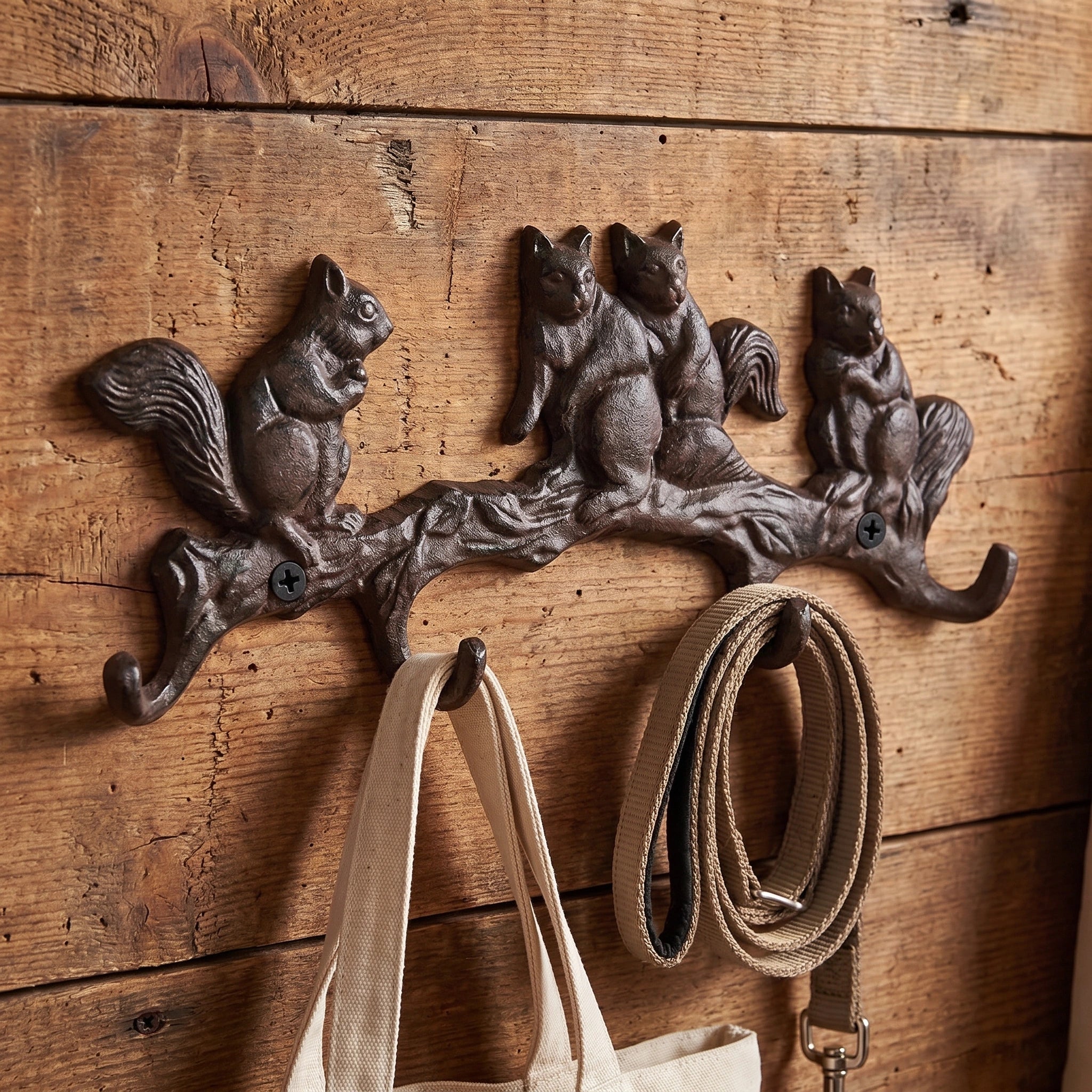 Squirrel Family 4-Hook Rack, Cast Iron Woodland Wall Hooks, 13.4" 58208 shot 1
