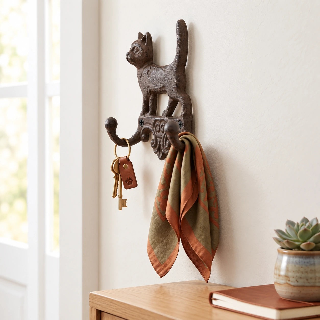 Cat Double Wall Hook, Cast Iron for Coats, Keys or Hats, 6.4" 58216 shot 5