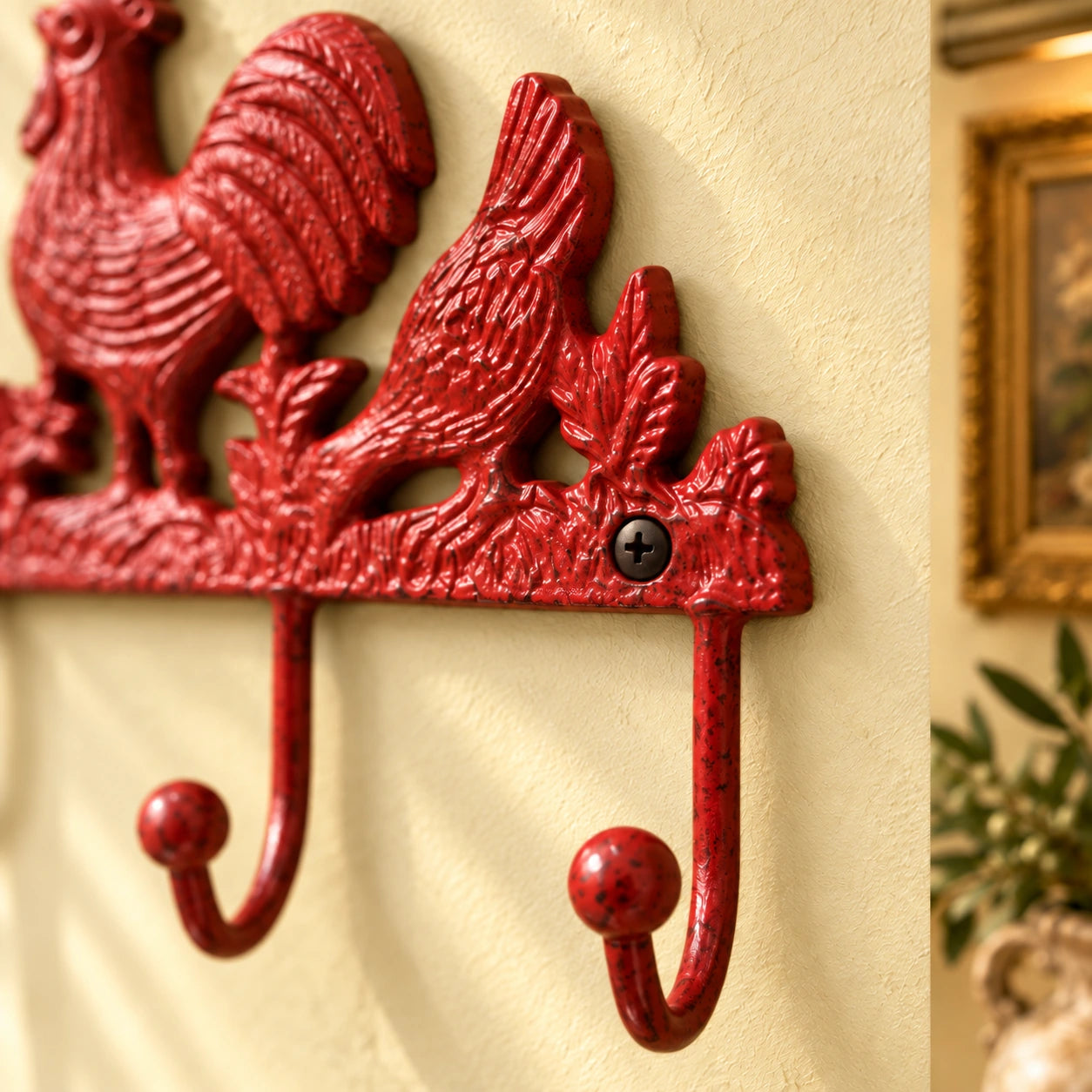 Rooster and Hen 3-Hook Rack, Red Cast Iron Kitchen Hooks, 7" 58460 shot 3
