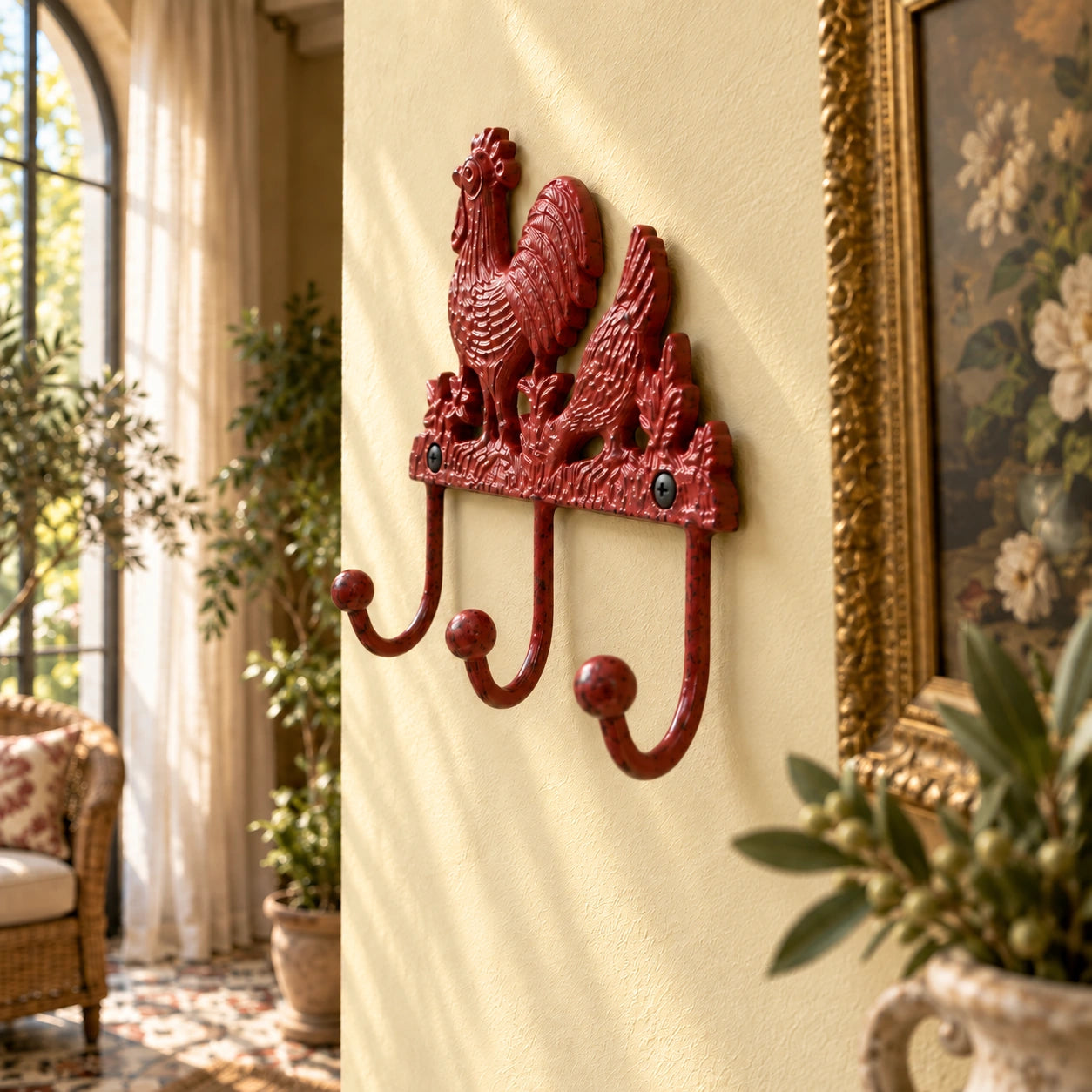 Rooster and Hen 3-Hook Rack, Red Cast Iron Kitchen Hooks, 7" 58460 shot 4