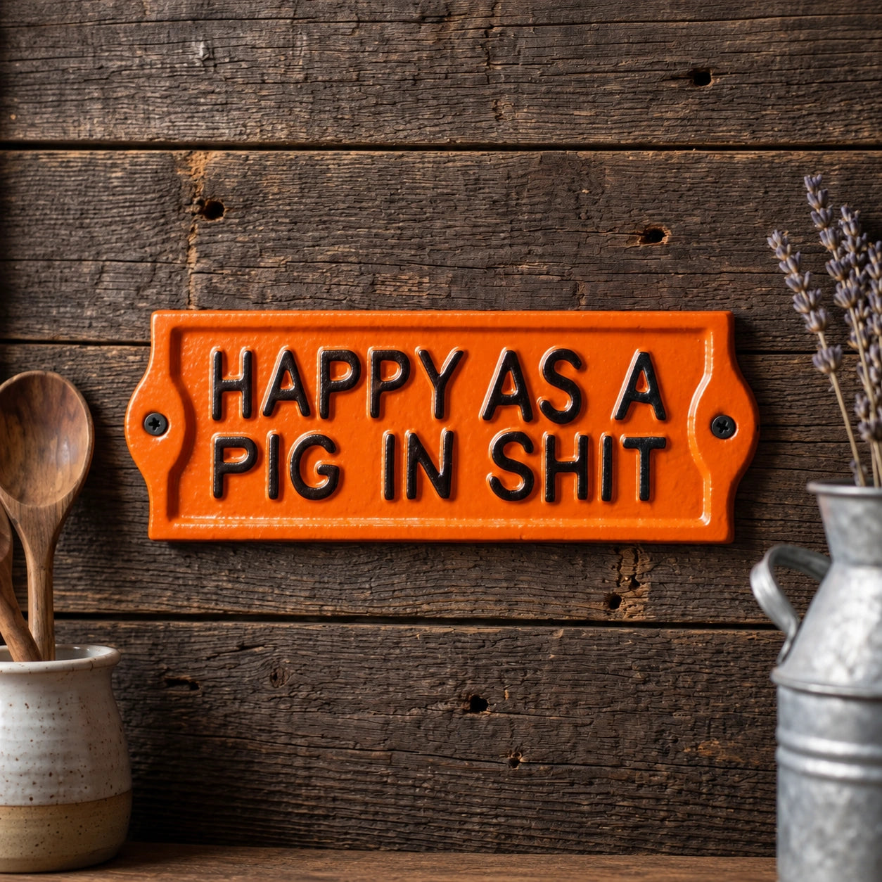 Happy as a Pig in Shit Plaque, Cast Iron Wall Sign, 7.5" 58651 shot 1