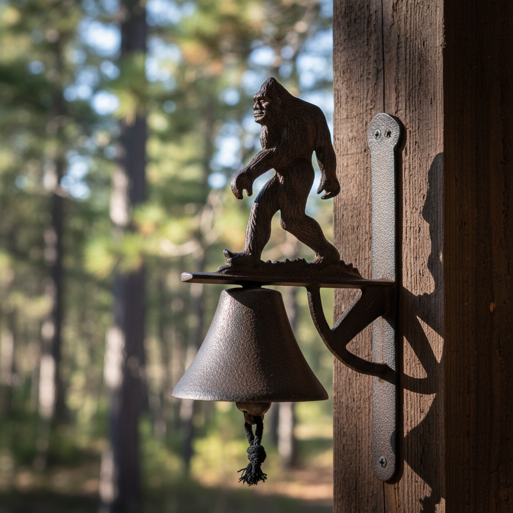 Bigfoot bell outdoor installation showing sasquatch figure on rustic iron doorbell with rope pull