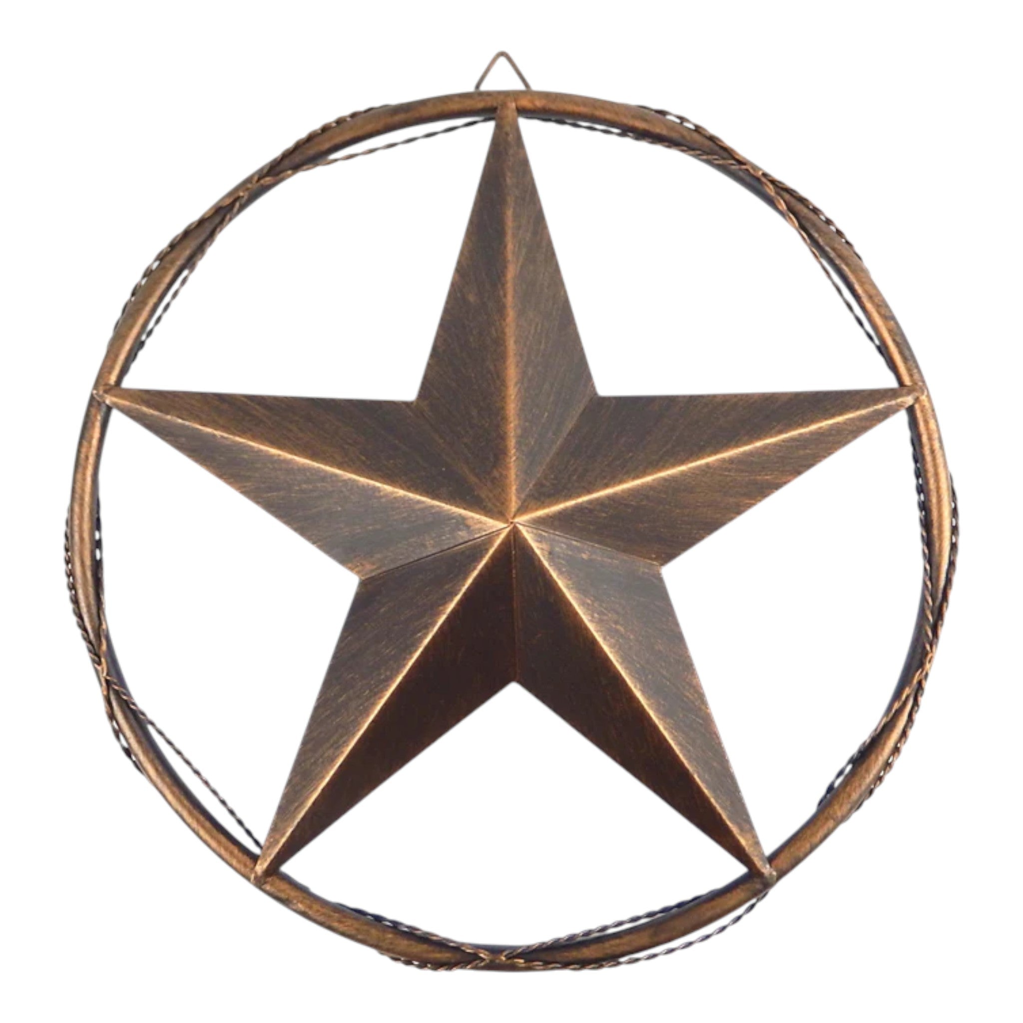Brushed copper barn star wall decor with twisted metal ring frame on white background