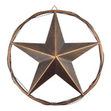 Brushed copper barn star wall decor with twisted metal ring frame on white background