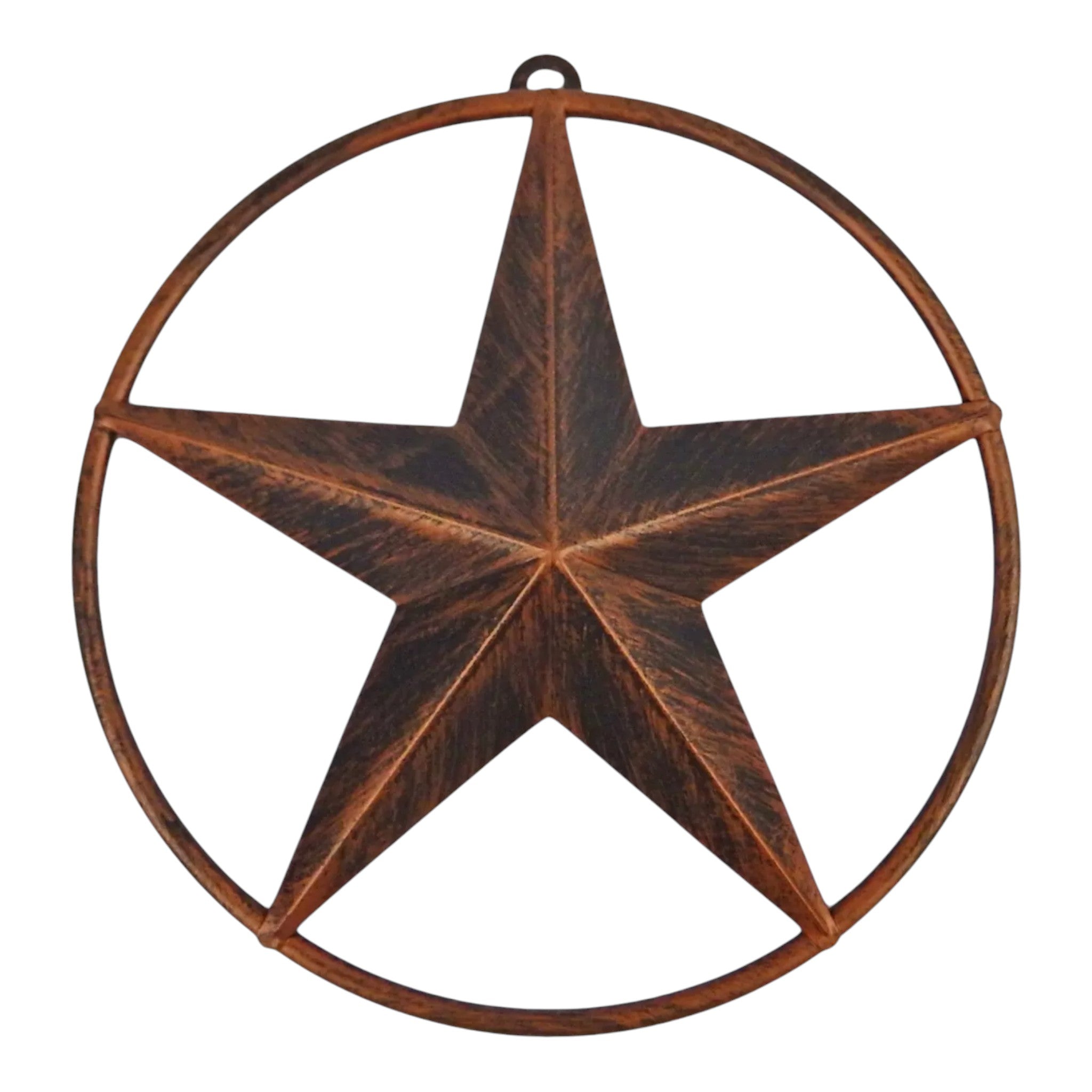 Metal barn star decor close-up, copper finish with clean ring border detail