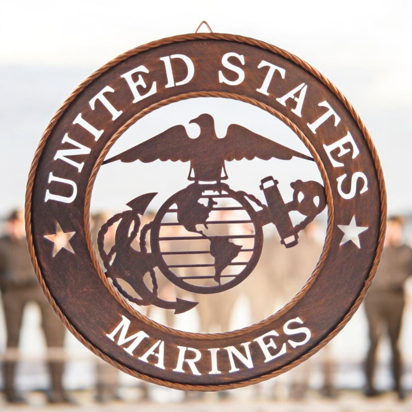 United States Military Laser Cut Wall Decor All Branches Brushed Bronze 17.5 inch With Rope Ring Accents