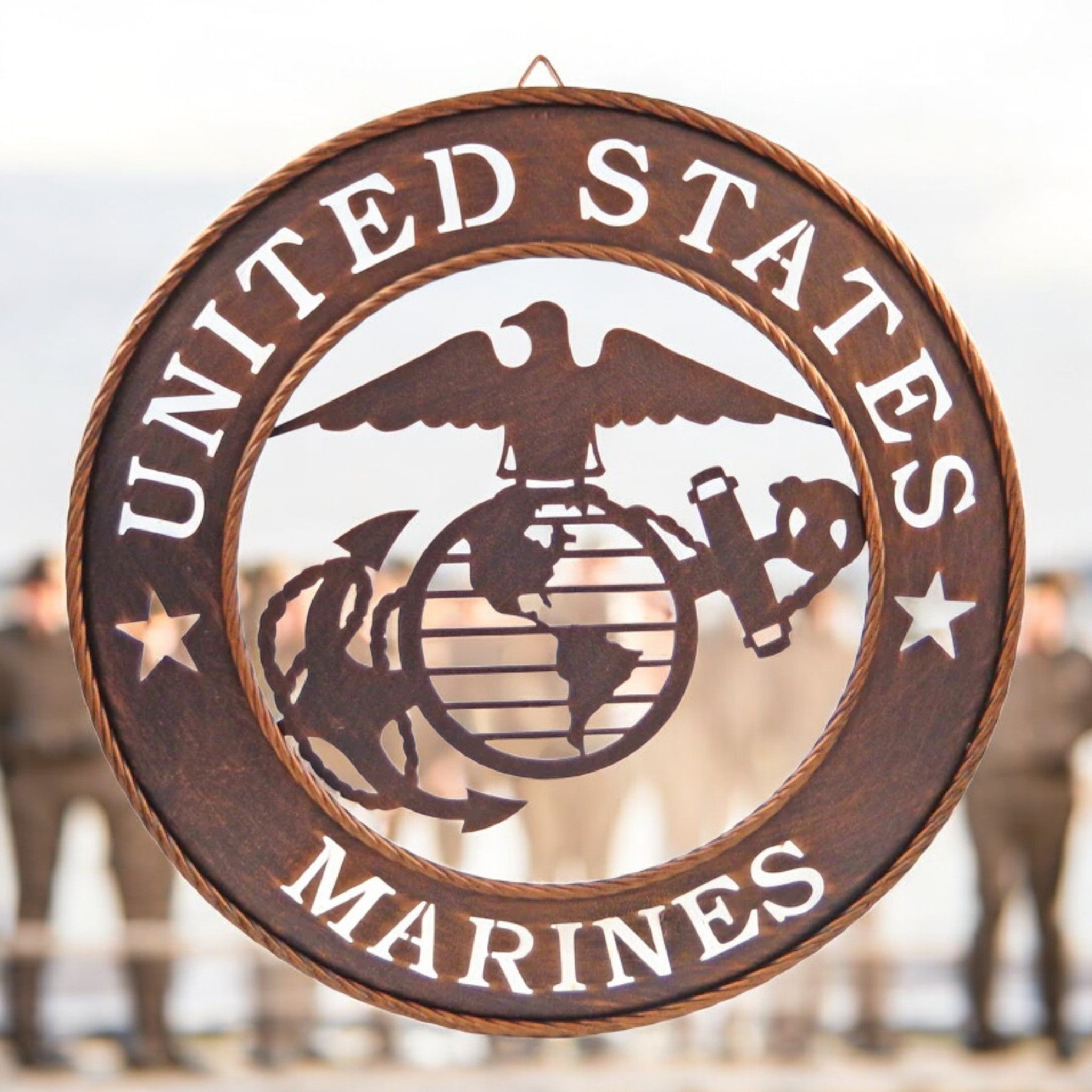 Marines emblem cast iron wall decor, brown laser cut finish, 17.5 inch military accent