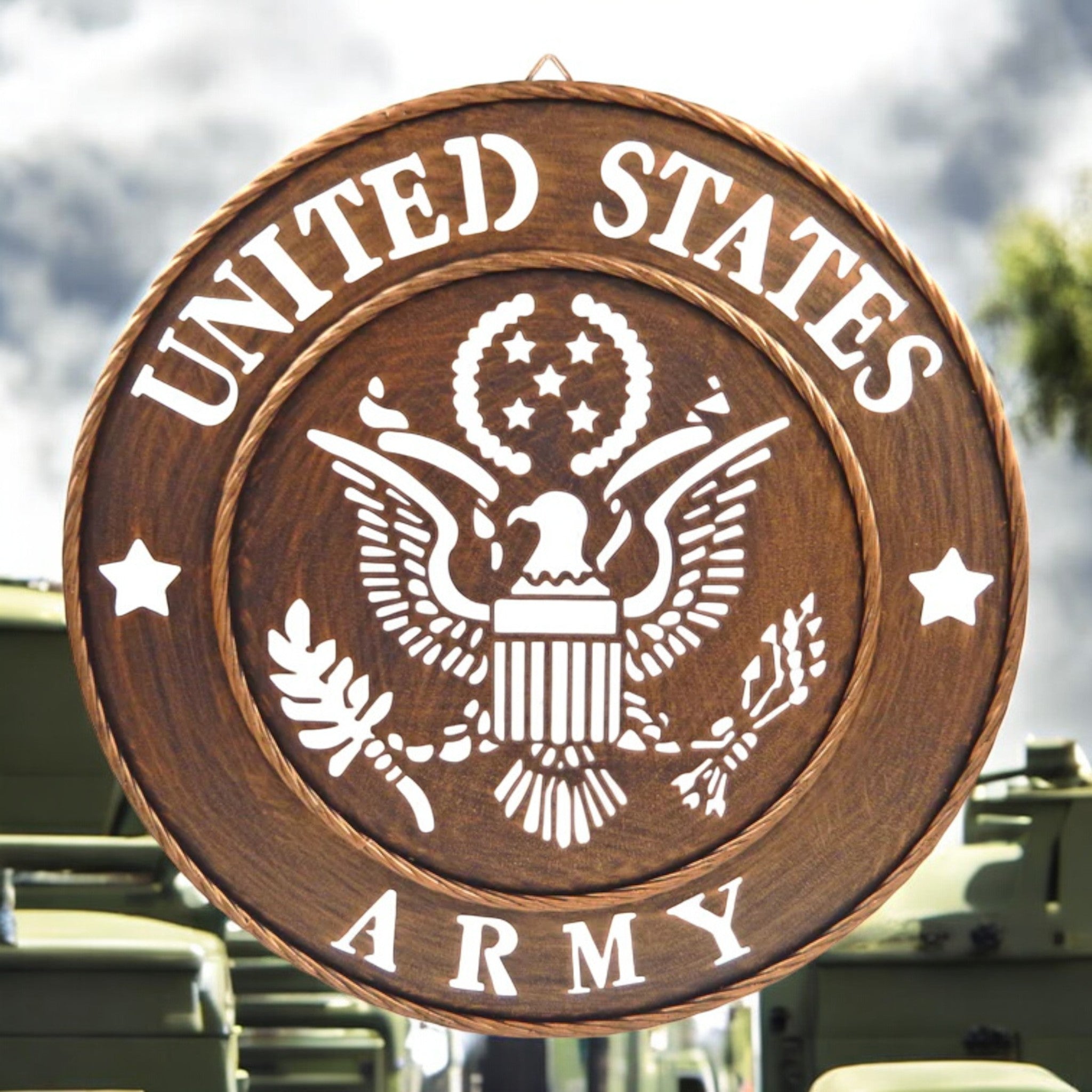 Cast iron Army seal wall decor, brown wooden laser cut design, 17.5 inch military accent