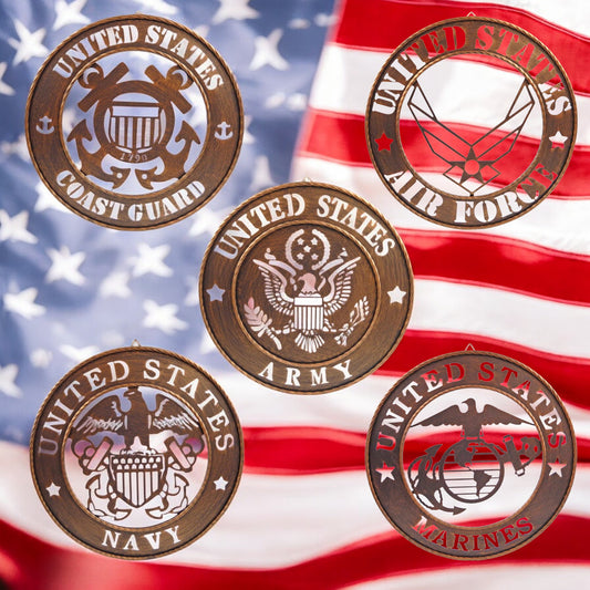 United States Military Laser Cut Wall Decor All Branches Brushed Bronze 17.5 inch With Rope Ring Accents